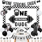 Gym First Birthday Decorations Glitter One Strong Dude Banner Black Gingham Backdrop Highchair Banner Weight Lifting Cake Cupcake Toppers Balloons for Baby Boys Weightlifting Sports 1st Bday Supplies by ZestZing