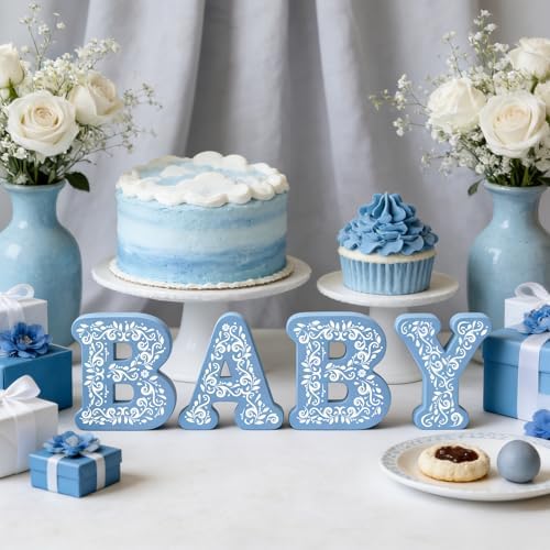 4 Pcs Cielito Lindo Baby Shower Decorations Blue Wooden Baby Letters, 6 inch Mexican Theme Wooden Blocks for Party Decor, Rustic Centerpiece for Gender Reveal Birthday Nursery Shelf Decor - Image 3