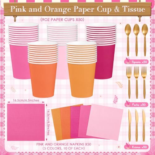 Mimorou 354 Pcs Pink and Orange Party Supplies Sunset Tableware set - Image 4