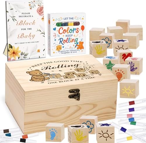 78 PCS Shower Games Sign Kit, Wooden Box and Sign, Blank Wooden Blocks for DIY Drawing, Markers, Shower Game for Gender Reveal Activity, Shower Ideas Decorations, Bear B by Amzsudy