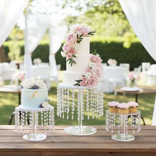 Acrylic Wedding Cake Stand Set - 3 Pcs Clear Round Cupcake Stands Dessert Display with Crystal Bling Pendants, for Wedding Event Birthday Party Baby Shower Tabletop Decorations Centerpieces - Image 2