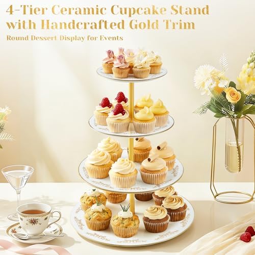 DUJUST 4-Tier Cupcake Stand Tower, British Style Porcelain Tiered Tray with Golden Trim & Pattern, Food Grade Dessert Display Stand, Beautiful Gift for Tea Party & Home Décor - White - Image 2
