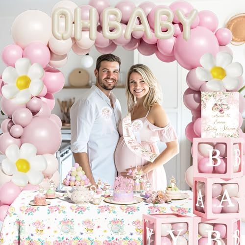 Hombae Tea Party Baby Shower Decorations, 139 PCs - A Baby Is Brewing Party Supplies with Teapot Backdrop, Pink Balloons Garland, Floral Garden Tablecloth, Cake Topper Mommy to Be Sash - Image 6