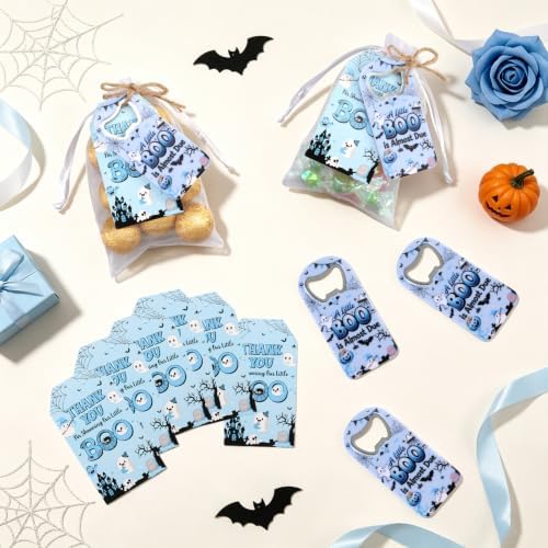 24 Sets Halloween Bottle Openers Baby Shower Party Favors, Blue Black Bottle Opener Keychain Set with Thank You Tags Organza Bags for A Little Boo Is Almost Due Party Guest Gifts Decor - Image 4