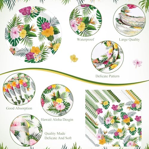 Funnymoom 452 Pcs Hawaiian Luau Party Decoration for 50, Tropical Aloha Paper Plate Napkin Cup Tablecloth Cutlery Palm Leaf Hibiscus Disposable Tableware for Summer Beach Floral Birthday Party Supply - Image 3