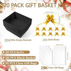 AFOROEOA 20 Pack Black Gift Baskets Empty, 10x8 Thick Paper Basket with 20 Clear Bags and 20 Pull Bows, Black Empty Gift Baskets for Halloween Corporate Birthday Wedding Luxury Bulk Wrapping - Image 3