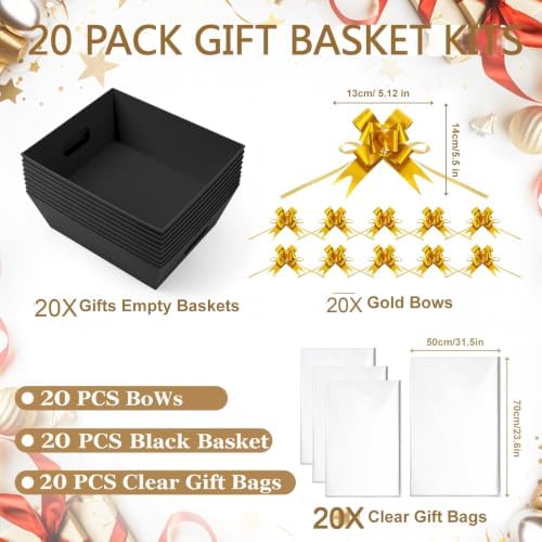 AFOROEOA 20 Pack Black Gift Baskets Empty, 10x8 Thick Paper Basket with 20 Clear Bags and 20 Pull Bows, Black Empty Gift Baskets for Halloween Corporate Birthday Wedding Luxury Bulk Wrapping - Image 3