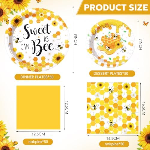 Funnymoom 200 Pcs Honey Bee Party Decoration Plates and Napkins Serve 50 - Image 2