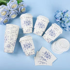 50Pcs Blue Floral Disposable Paper Coffee Cups with Lids and Sleeves - Image 7