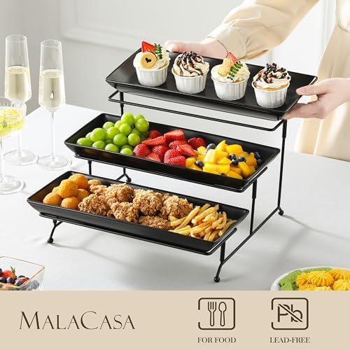 MALACASA 3 Tier Serving Trays for Party, Stoneware Serving Platters and Trays, 14 Inch Tiered Tray Stand, Fruit Tray, Trays for Serving Food, Black Dessert Stand with Collapsible Sturdier Metal Rack - Image 3