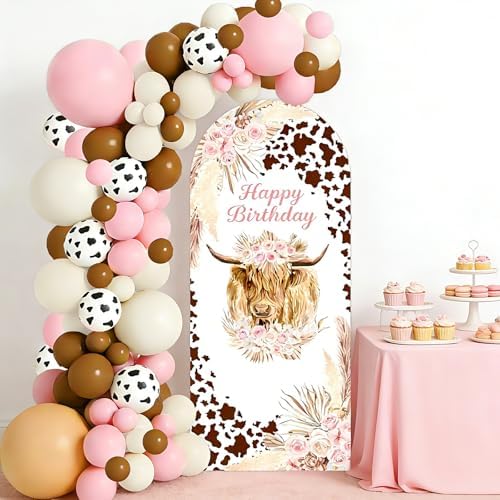 Highland Cow Baby Shower Decorations Arch Backdrop Covers and Balloon Garland Arch Kit 6ft Brown Floral Cow Print Cattle Backdrop for Highland Cattle Birthday Party Baby Shower Decorations Supplies - Image 3
