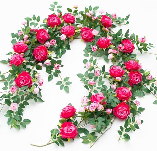 2 PCS 12FT Bendable Flower Garland, Fake Rose Vine for Home Decor,Fuchsia by zhixinyue