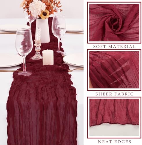 10FT 12 Pcs Burgundy Cheesecloth Table Runner Gauze Fabric Boho Cheese Cloth Table Runner Rustic Semi Sheer Runner for Wedding Holiday Bridal Shower Birthday Party Table Decor (35 x 120 Inches Long) - Image 2
