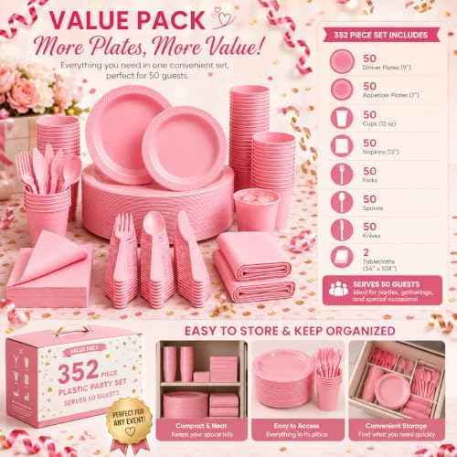 Tinybee 352 Pcs Pink Plastic Plates, Disposable Dinnerware Set for 50 - Image 6