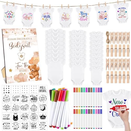 Panitay 126 Pcs Baby Shower DIY Bodysuit Set Bib 25 Blank White Newborn Bodysuit 25 Stencils 24 Marker 1 Sign 50 Pins(Bear) by Panitay