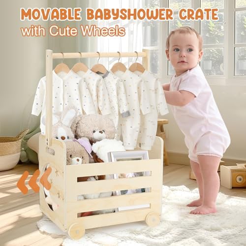 Wooden Baby Shower Crate Closet with Wheels, Pushable Gift Basket Storage - Image 2