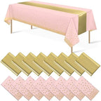 16Pack Disposable Plastic Tablecloths and Satin Table Runner Set Pink and Gold Dot Tablecloth Gold Satin Table Runner for Wedding Birthday Baby Shower Anniversary Christmas New Year Party Supplies by MASHAN