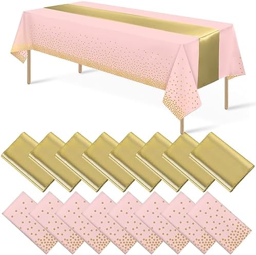 16Pack Disposable Plastic Tablecloths and Satin Table Runner Set Pink and Gold Dot Tablecloth Gold Satin Table Runner for Wedding Birthday Baby Shower Anniversary Christmas New Year Party Supplies by MASHAN
