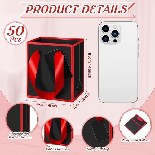 Yeaqee 50 Pcs Mini Paper Gift Bags with Handles Tag, Black, Red - Image 2