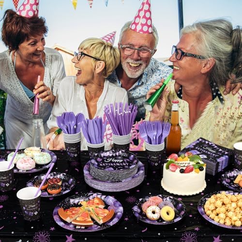 Funnymoom 452 Pcs Retirement Party Decorations Supplies Set Include Purple and Black Retirement Paper Plates Napkins Cups Tablecloth Cutlery Straws for Men Women Say Goodbye Party - Image 4