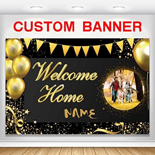 Custom Welcome Home Banner Decoration, Black Gold Welcome Back Home Yard Sign for Outdoor Decor, Military Homecoming Deployment Returning Party Supplies(6x9ft) by AUBAO