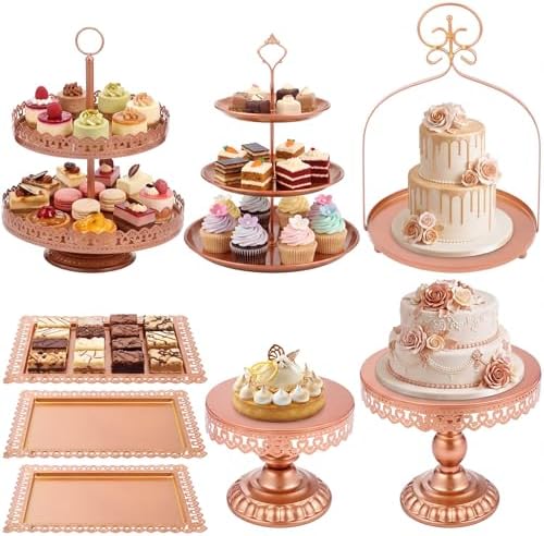 Lallisa 8 Pcs Cake Stands Set Metal Dessert Table Display Tiered Cupcake Holder Candy Donut Fruit Plate Cake Serving Tray with Handle Treats Serving Tower for Wedding Birthday Party(Rose Gold) by Lallisa