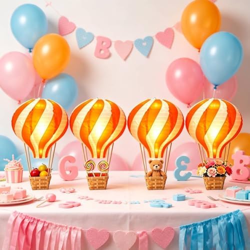 8 Sets Hot Air Balloon Decorations with Led Light,11.8" Baby Shower Centerpieces For Tables Paper Lantern Baby Boy Shower Decorations With Basket For Gender Reveal Birthday Wedding Party (Orange) - Image 7