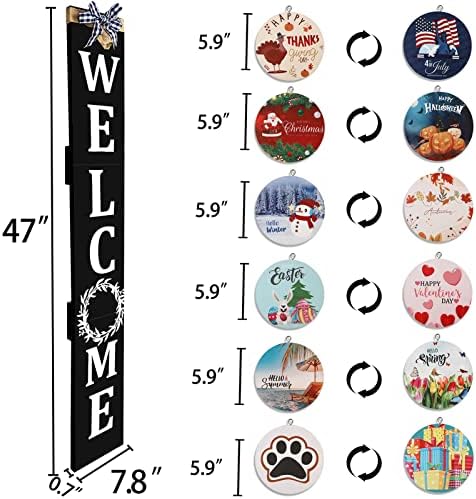 Welcome Sign for Front Porch– 47inch with 12 Wooden Interchangeable Vertical Home Wall Decor(6 double sided disks), Standing and Hanging Farmhouse Outdoor Indoor Decor Welcome Door Sign for - Image 2