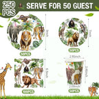 Pickmesh 250 Pcs Jungle Birthday Party Supplies Decorations Serve 50 Safari Animals Disposable Paper Plates Napkins and Cups Jungle Wild Animals Zoo Safari Baby Shower Birthday Wedding Party Supplies - Image 2