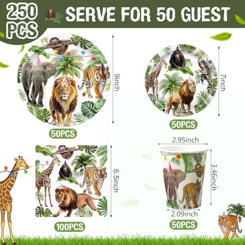Pickmesh 250 Pcs Jungle Birthday Party Supplies Decorations Serve 50 Safari Animals Disposable Paper Plates Napkins and Cups Jungle Wild Animals Zoo Safari Baby Shower Birthday Wedding Party Supplies - Image 2
