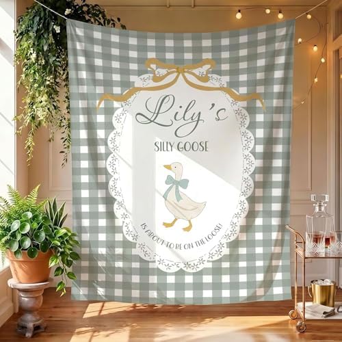 Sage Gingham Silly Goose Baby Shower Banner, Goose on the Loose Photo Backdrop, Vintage Lace Cottagecore Nursery Decor, Gender Neutral Sprinkle Welcome Sign, Personalized Fabric Wall Tapestry Decor by Unknown