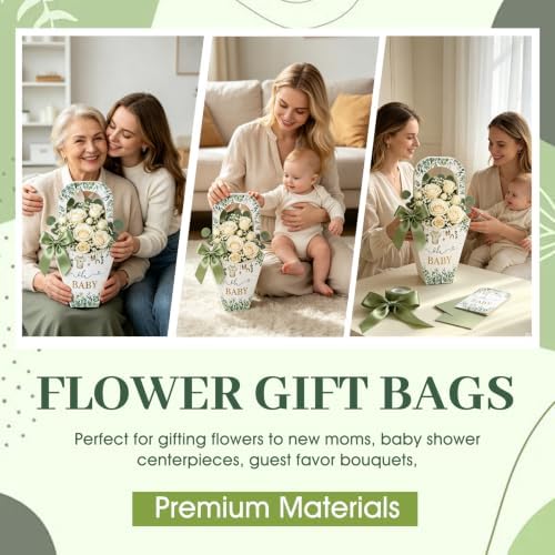 EYNDYN 50 Set Flower Bar Supplies Bouquet Holder Flower Bags for Baby Shower Party with Handle Paper 1 Roll Crafting Ribbon Wrapping Sleeves for Baby Shower Boys Girl's Kid's Birthday Parties - Image 2