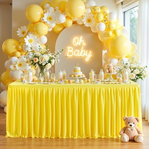 Wish Care Yellow Polyester Table Clothes for 4 Foot Rectangle Tables, Wrinkle Free Fitted Table Cover with Pleated Ruffle Table Skirt for Birthday Party Wedding Trade Show Event Display - Image 2