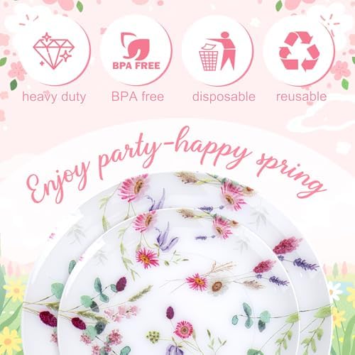 LIYH 32Pcs Pink Floral Heavy Duty Plastic Plates Set for Wedding Party - Image 4