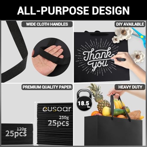 EUSOAR Exra Large Gift Wrap Bags Bulk, 25 Pack 16x6x12 inches Black Paper Heavy Duty Bags with Handles, for Business, Grocery, Boutique, Retail, Wedding, Party Favors, Baby Showers, Birthdays - Image 3
