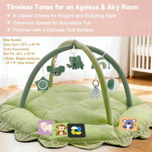 5-in-1 Baby Activity Gym & Play Mat with 6 Hanging Toys, Tummy Time Mat & Cards - Extra Large, Reversible Machine Washable Pad - Gift for Newborns, Infants 0-12 Months, Green - Image 5