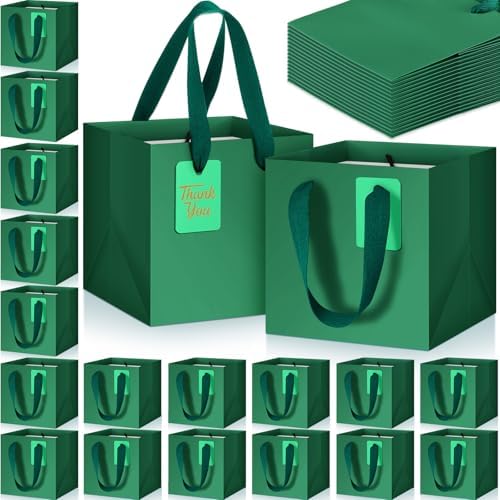 Windyun 50 Pcs Mini Paper Gift Bags with Handle 6 x 6 x 6'' Square Small Favor Bag with DIY Thank You Tag for Christmas Birthday Wedding Bridal Shower Bridesmaid Graduation Party (Green) by Windyun