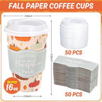 Whaline 50 Pcs Fall Disposable Coffee Cups with Lids and Sleeves Maple Pumpkin Paper Drinking Cups for Autumn Thanksgiving Restaurant Travel Business Supplies, 2 Styles - Image 2