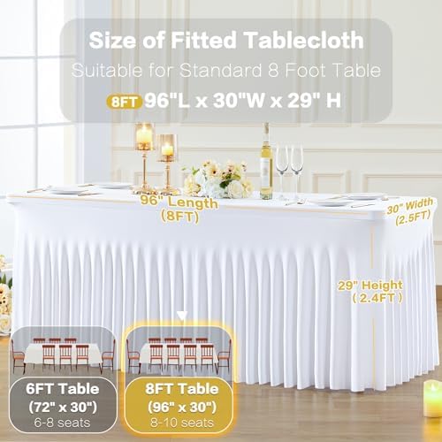 gogoparti 2 Pack Spandex White Fitted Table Cloth for 8ft Rectangle Tables White Stretch Tablecloth Table Covers Skirt Banquet Wrinkle Free Tablecloths for Parties Wedding - Image 5