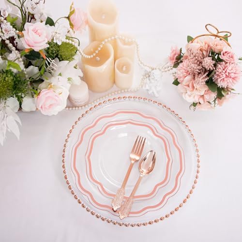 NOCCUR 150PCS Rose Gold Plastic Plates&Rose Gold Silverware-Include 30Dinner Plates, 30Salad plates, 90 Disposable Rose Gold Utensils- Ideal for Weddings/Party/Mother's Day - Image 2