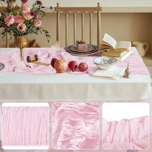 12 Pack Cheesecloth Table Runner 10Ft Christmas Gauze Boho Table Runners for Wedding Decor Bridal Shower Decorations Baby Shower Party(35" x 120")(Blushing Pink) - Image 3
