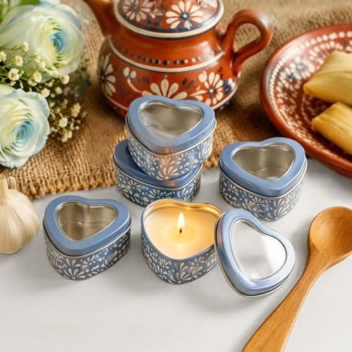 48 Pcs Blue Mexican Heart Shaped Tins with Clear Lids Organza Bags Thanks Cards De Barro Mexicanos Empty Candle Candy Boxes Cielito Lindo Party Decorations for Wedding Gifts Fiesta Party Favors - Image 4