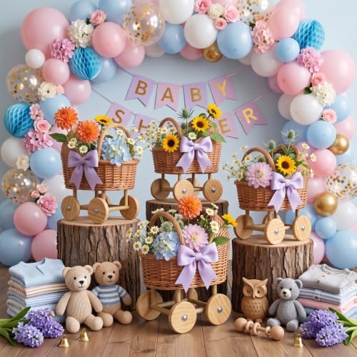 4-Piece Set Wicker Stroller for Baby Shower, Vintage Baby Carriage Planter for Floral Arrangements, Wicker Baby Carriage Decor Centerpieces for Tables, Rustic Rattan Baby Carriage Basket - Image 6