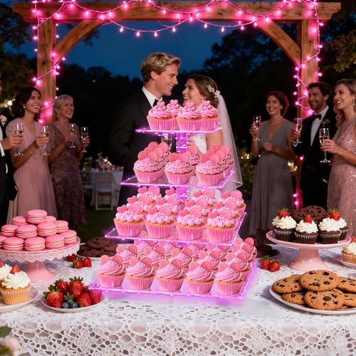 YestBuy Acrylic Cupcake Stand for 50 Cupcakes, 4 Tier Cupcakes Tower Stand with Pink LED Lights and 4.7" Clear Tiers, Perfect for Birthday, Baby Shower, Wedding and Candy Bar - Image 4