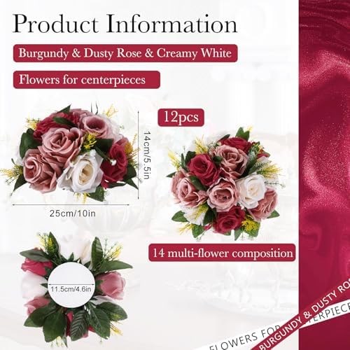 Hotop 12 Pcs Silk Rose Flower Balls,Burgundy, Dusty Pink, Creamy White - Image 3