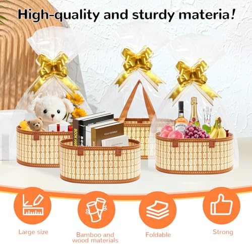 Mapaim 4 Pack Baskets for Gifts Empty,Large Gift Basket Kit with Cellophane Wrap & Bows, Woven Bamboo Gift Baskets with Handles, Ready to Gift Set for Birthday, Holiday, Baby Shower, Easter（Oval） - Image 4