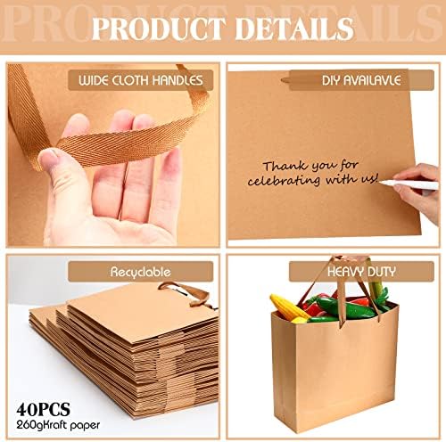 PerKoop 40Pack Kraft Gift Bag with Handles 4 Sizes, Horizontal, Brown - Image 3