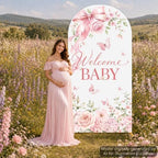 7.2ft Welcome Baby Pink Floral Arch Backdrop Covers Watercolor Butterfly Bow Stretchy Spandex Covers for Girl Baby Shower Gender Reveal Birthday Party Decorations - Image 5