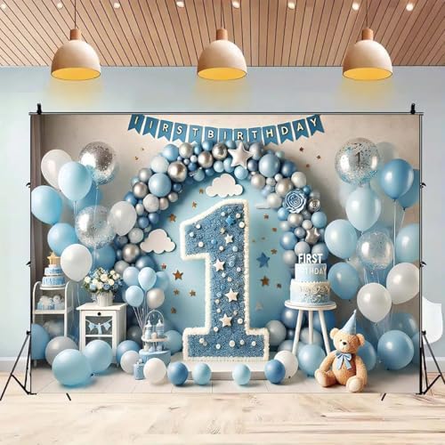 Happy 1st Birthday Banner Cute Bear Doll Hot Air Balloons Background for Boys One Year Old Birthday Backdrops Cake Smash Banners Newborn Baby Boy First Birthday Party Background (B, 9x6feet) - Image 3