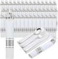 100Pack Pre Rolled Silver Plastic Silverware Sets by PYNTOP